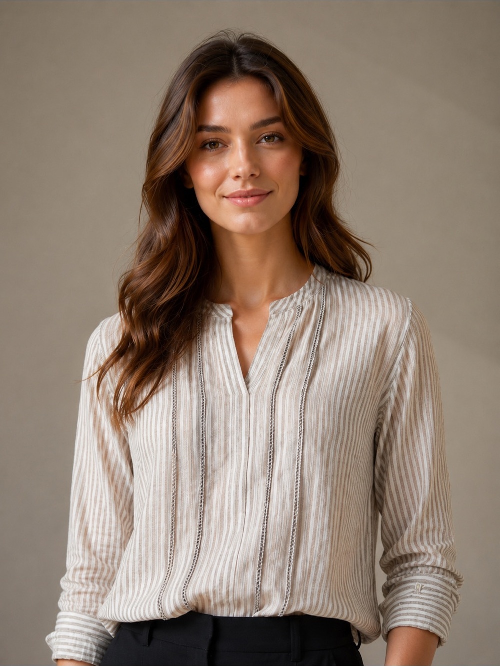 J. Crew Cream and Light Beige Striped Split-Neck Blouse